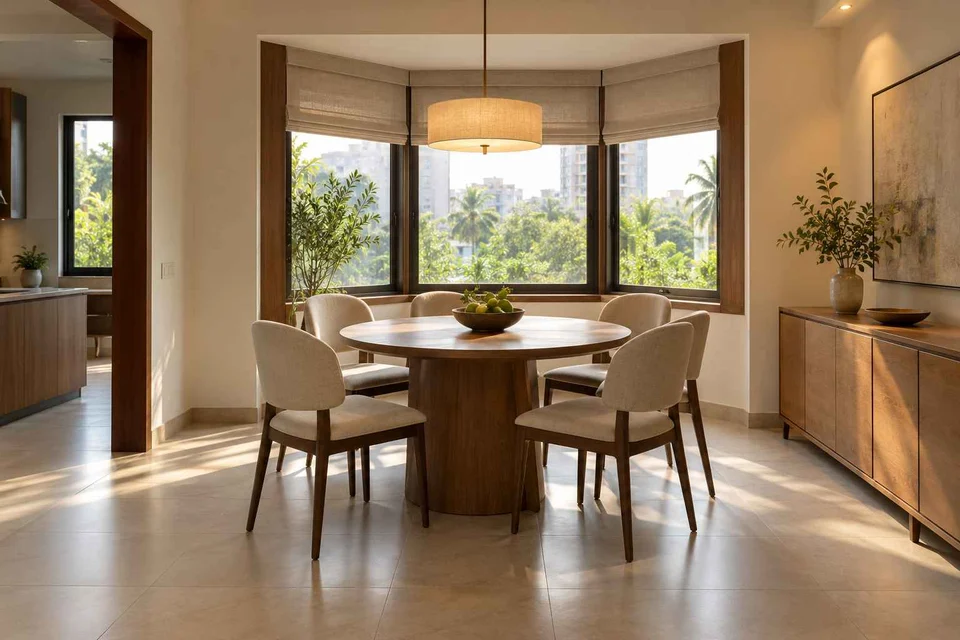 AI-generated dining-room concept: bay-window dining room, clear-table daily reset direction