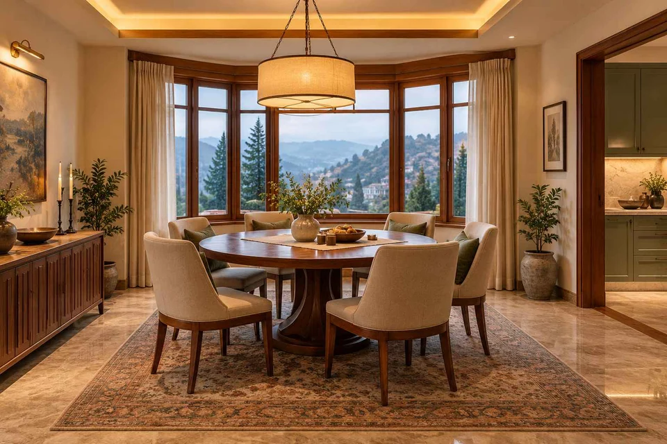AI-generated dining-room concept: bay-window dining room, cool-season family table direction
