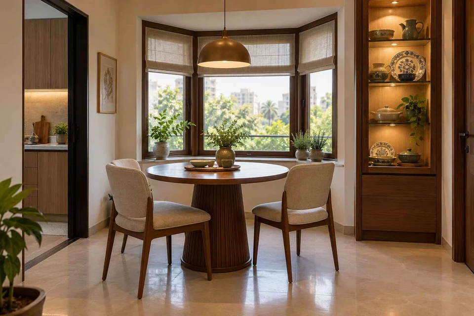 AI-generated dining-room concept: bay-window dining room, crockery collection display direction