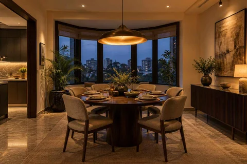 AI-generated dining-room concept: bay-window dining room, evening candleless dinner direction