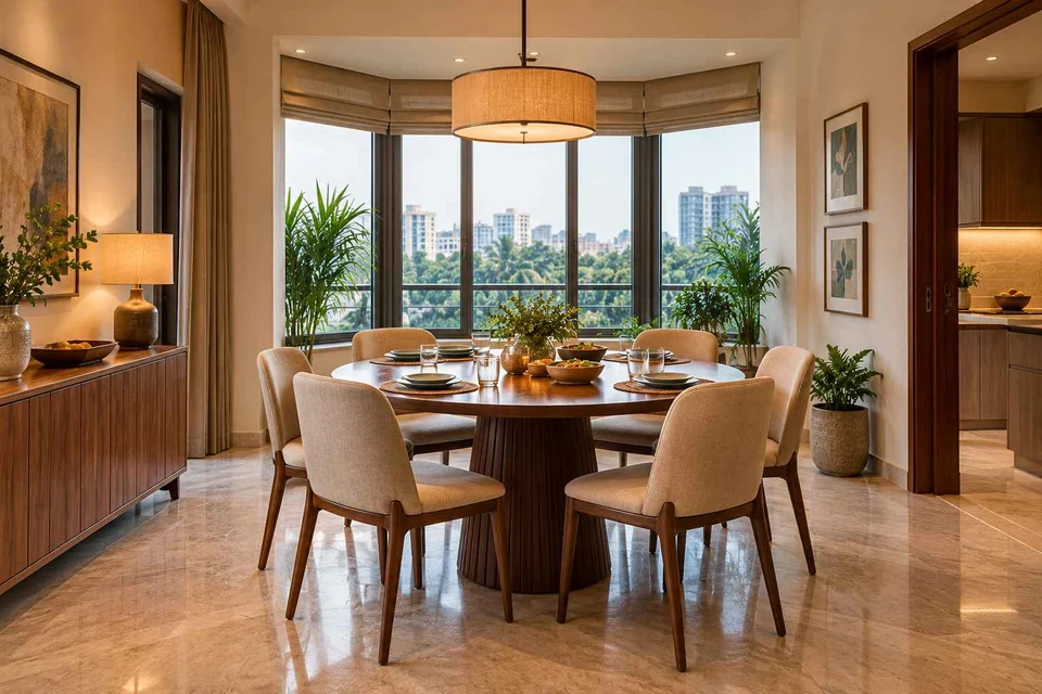 AI-generated dining-room concept: bay-window dining room, everyday family supper direction