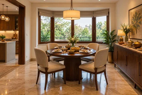 AI-generated dining-room concept: bay-window dining room, festival meal preparation direction