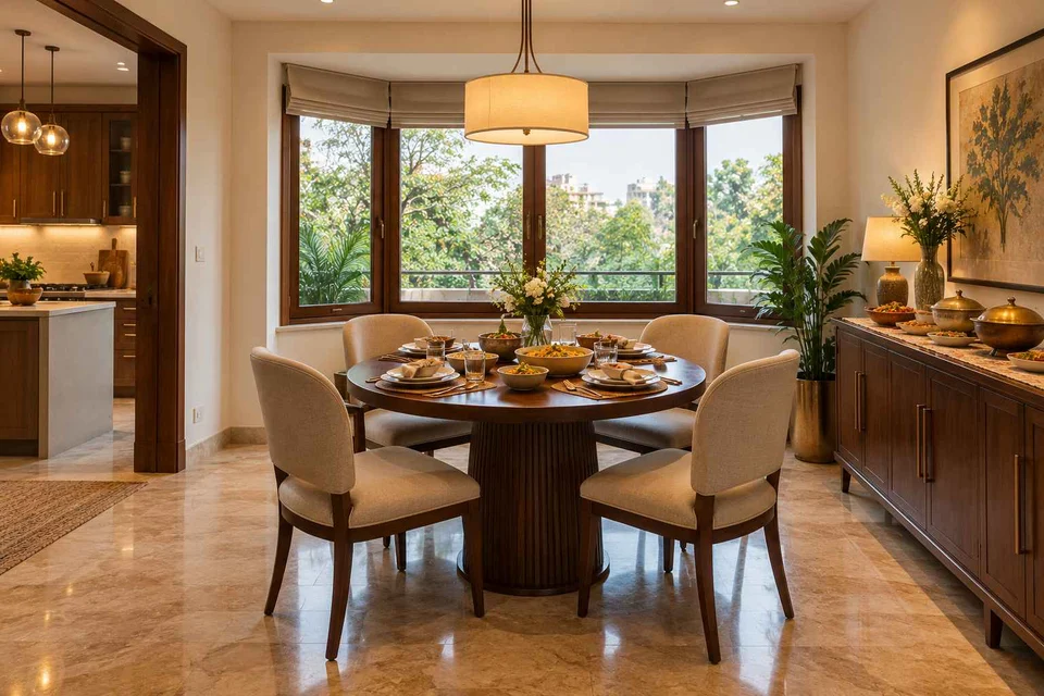 AI-generated dining-room concept: bay-window dining room, festival meal preparation direction