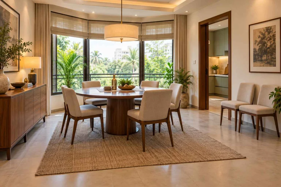 AI-generated dining-room concept: bay-window dining room, flexible extra seats direction