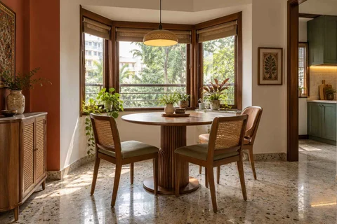 AI-generated dining-room concept: bay-window dining room, grandparents and grandchildren direction