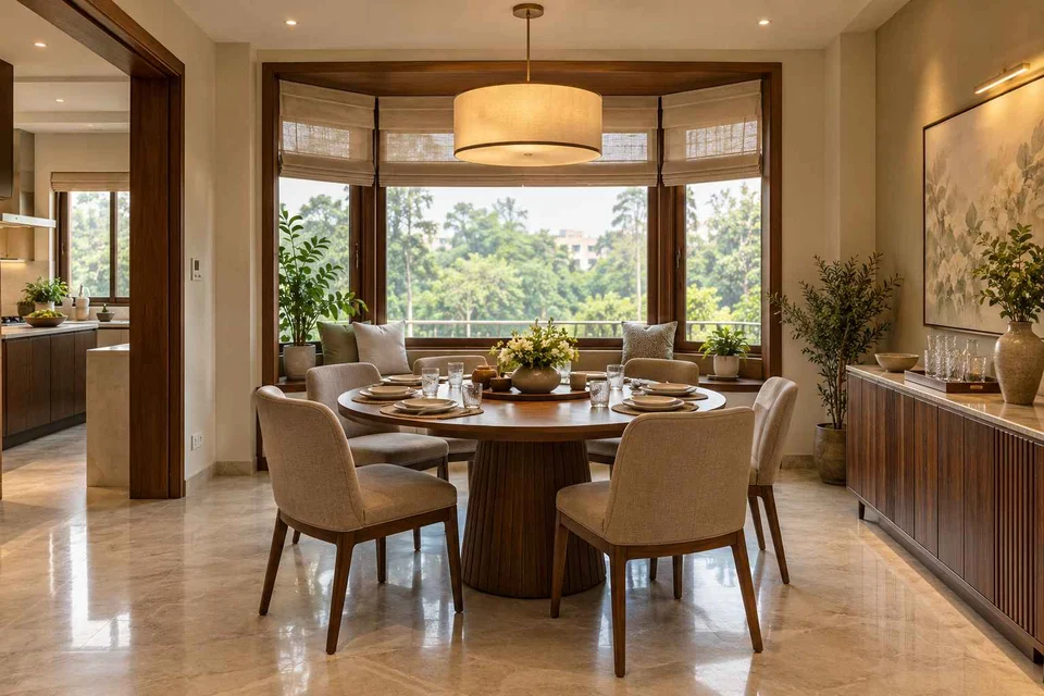 AI-generated dining-room concept: bay-window dining room, guest welcome meal direction