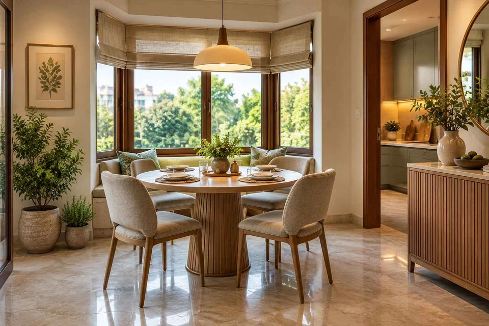AI-generated dining-room concept: bay-window dining room, homegrown herb table direction