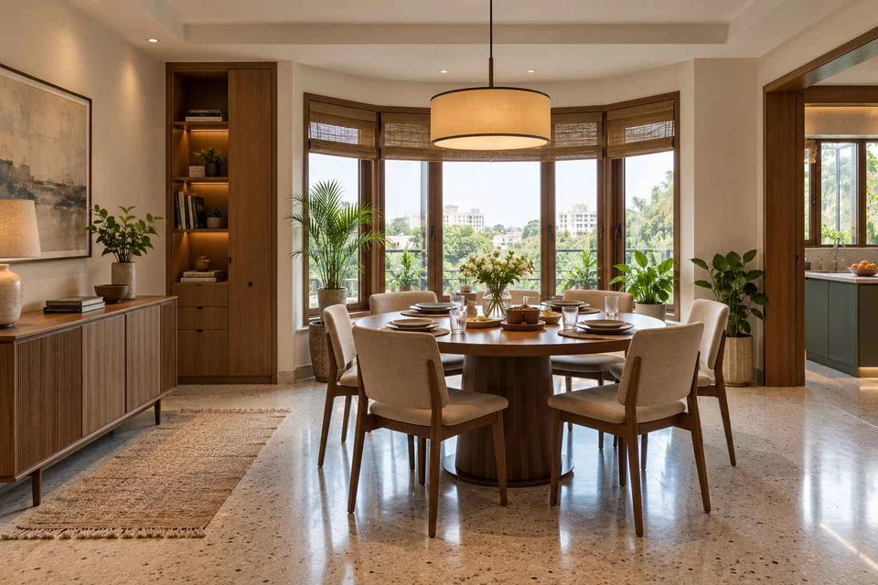 AI-generated dining-room concept: bay-window dining room, homework-to-dinner transition direction