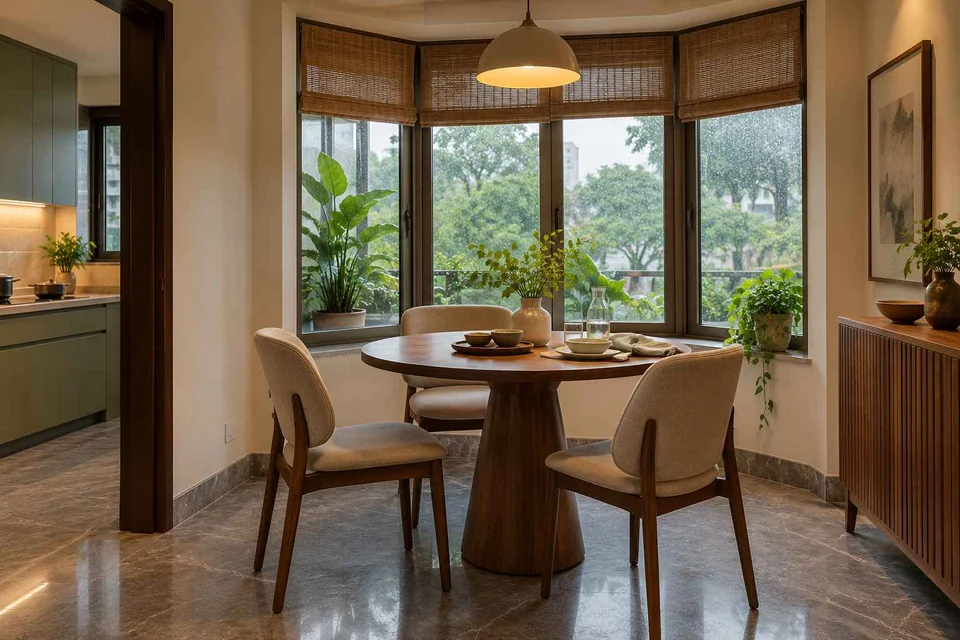 AI-generated dining-room concept: bay-window dining room, monsoon lunch light direction