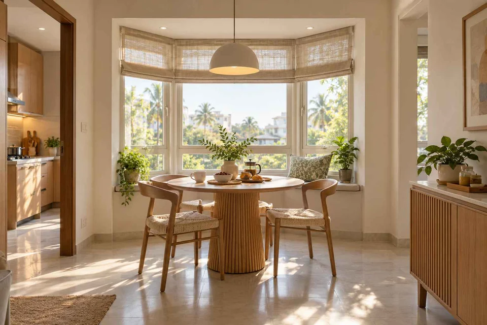AI-generated dining-room concept: bay-window dining room, morning breakfast rhythm direction