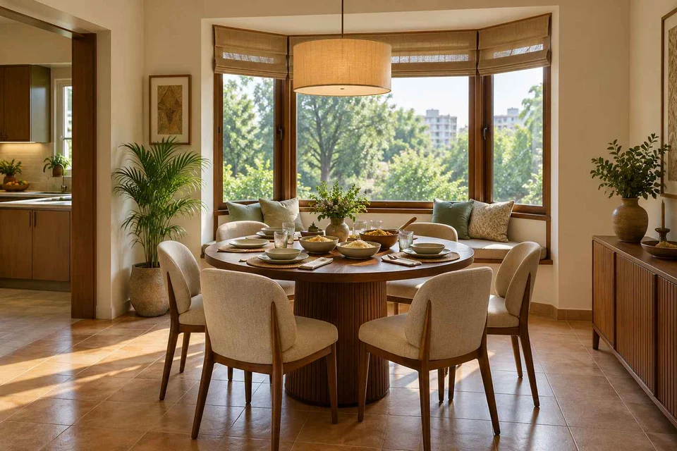AI-generated dining-room concept: bay-window dining room, serving bowl sharing direction