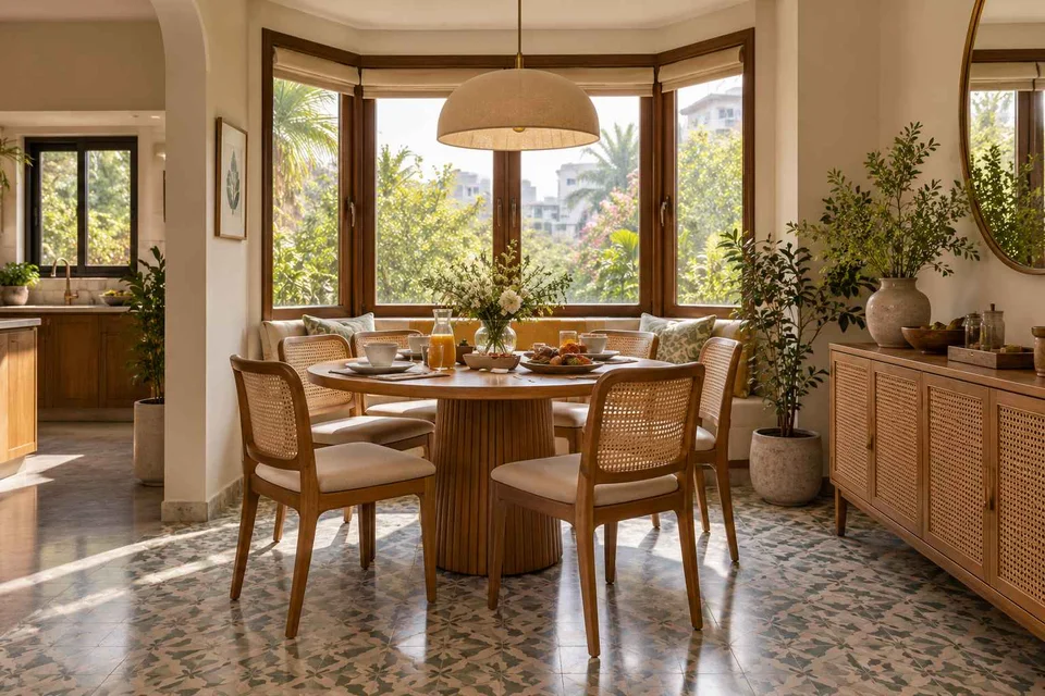 AI-generated dining-room concept: bay-window dining room, slow weekend brunch direction