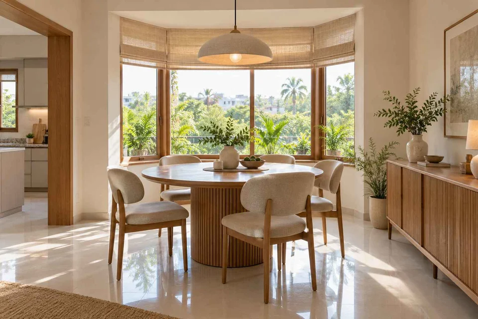 AI-generated dining-room concept: bay-window dining room, summer-airiness dining direction
