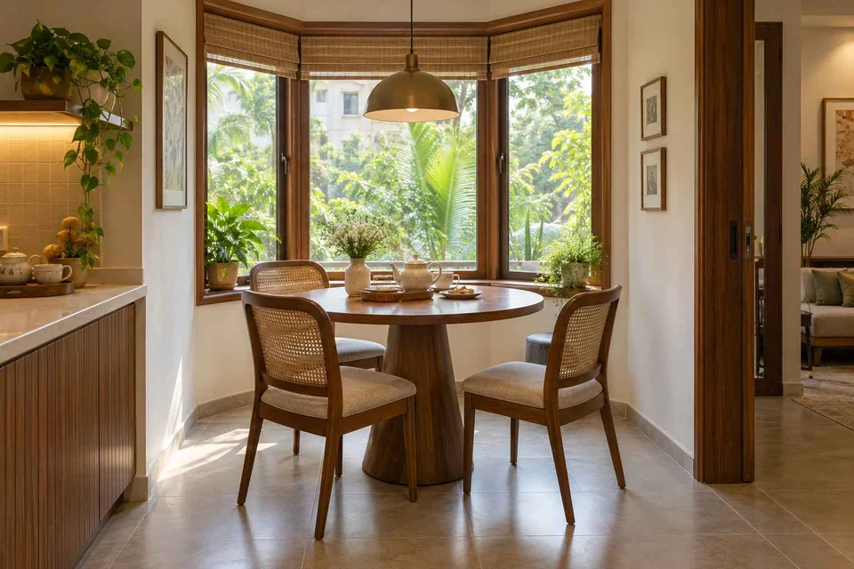 AI-generated dining-room concept: bay-window dining room, tea with friends direction