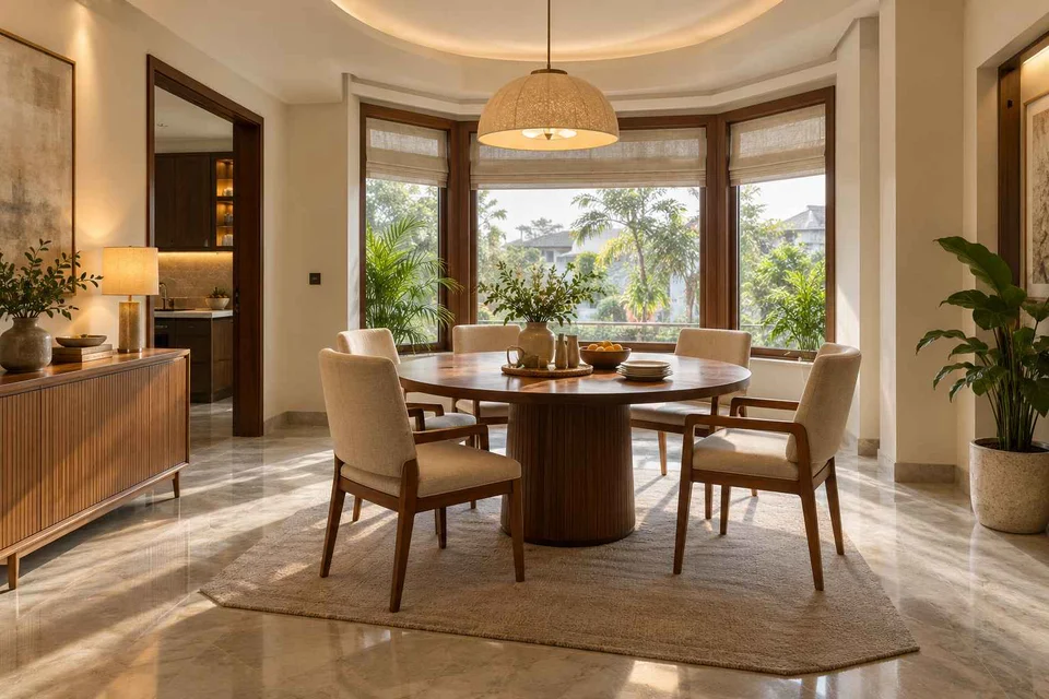 AI-generated dining-room concept: bay-window dining room, visiting-parents meal direction