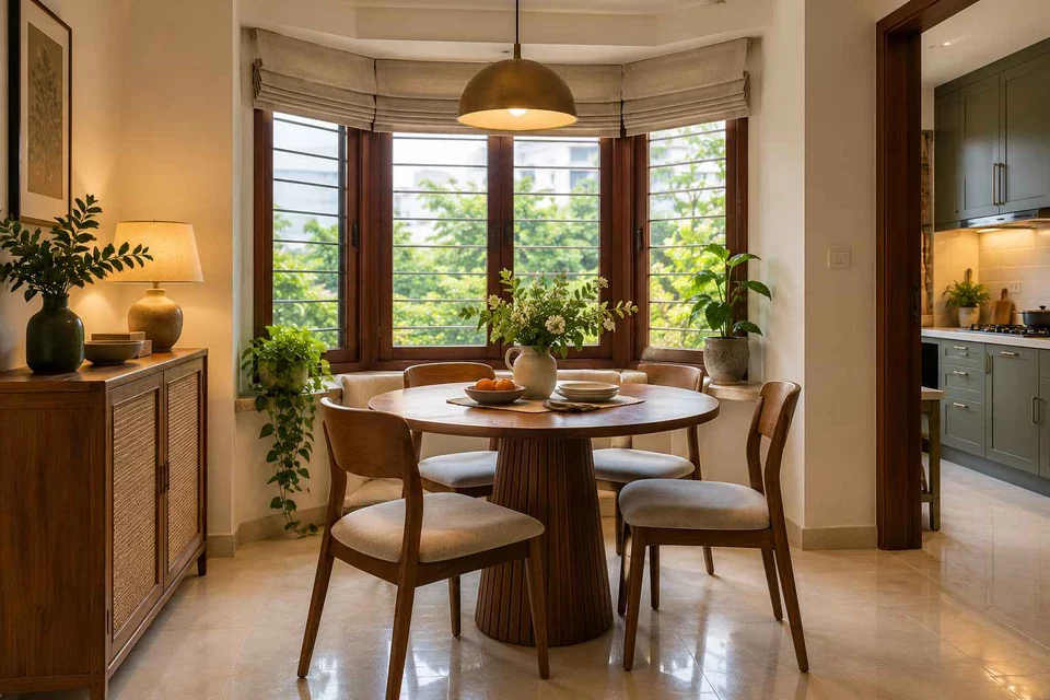 AI-generated dining-room concept: bay-window dining room, weekend craft-to-meal reset direction