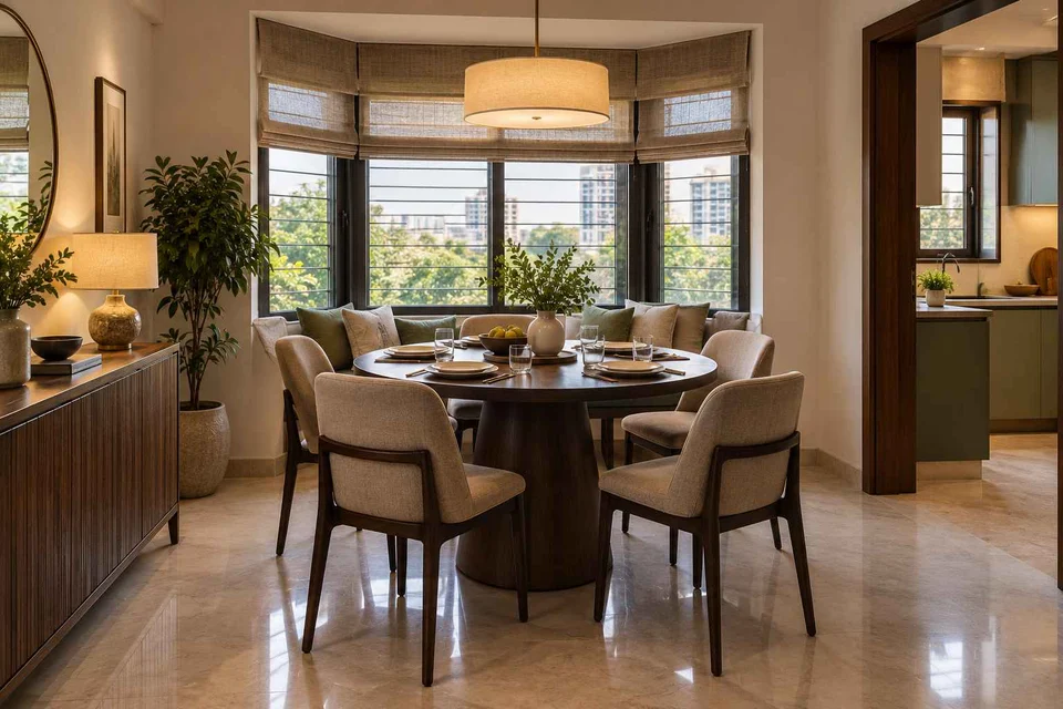 AI-generated dining-room concept: bay-window dining room, weeknight compact hosting direction