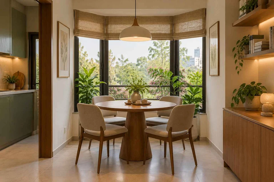 AI-generated dining-room concept: bay-window dining room, work-from-home reset direction