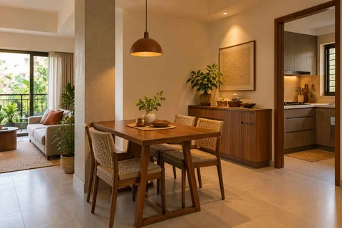 AI-generated dining-room concept: column-defined dining, adaptable everyday dining direction