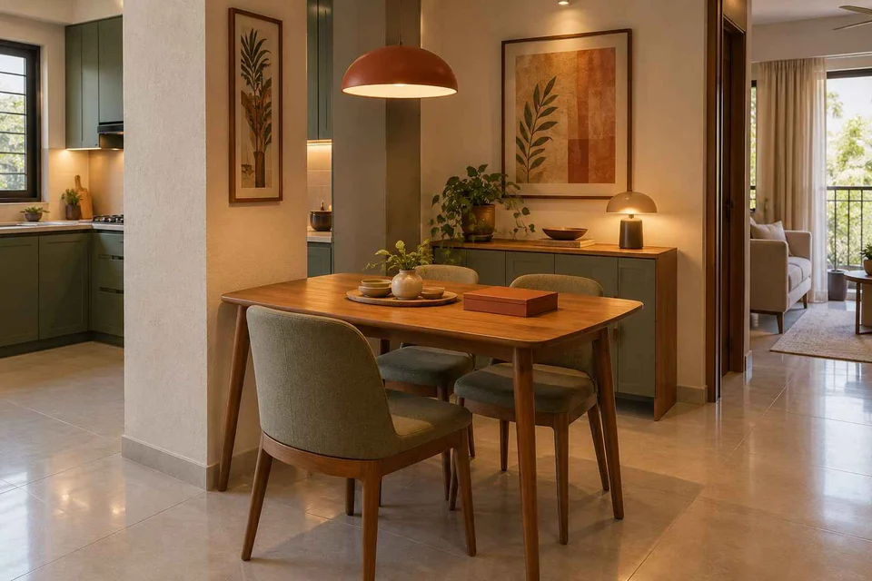 AI-generated dining-room concept: column-defined dining, board-game supper direction