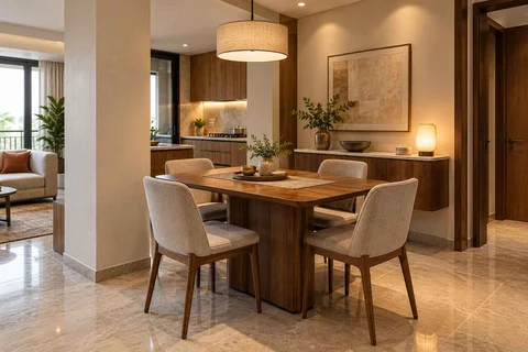 AI-generated dining-room concept: column-defined dining, buffet-side gathering direction