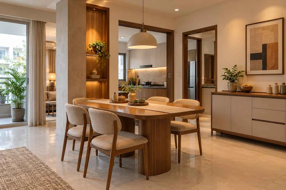 AI-generated dining-room concept: column-defined dining, children's everyday meals direction
