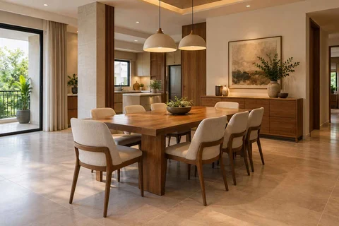 AI-generated dining-room concept: column-defined dining, clear-table daily reset direction