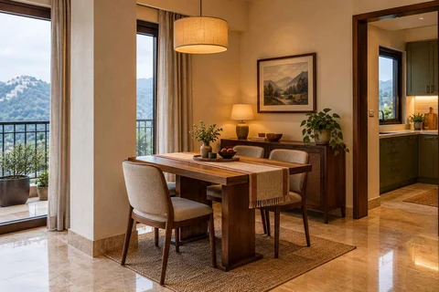 AI-generated dining-room concept: column-defined dining, cool-season family table direction