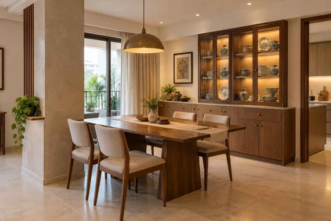 AI-generated dining-room concept: column-defined dining, crockery collection display direction