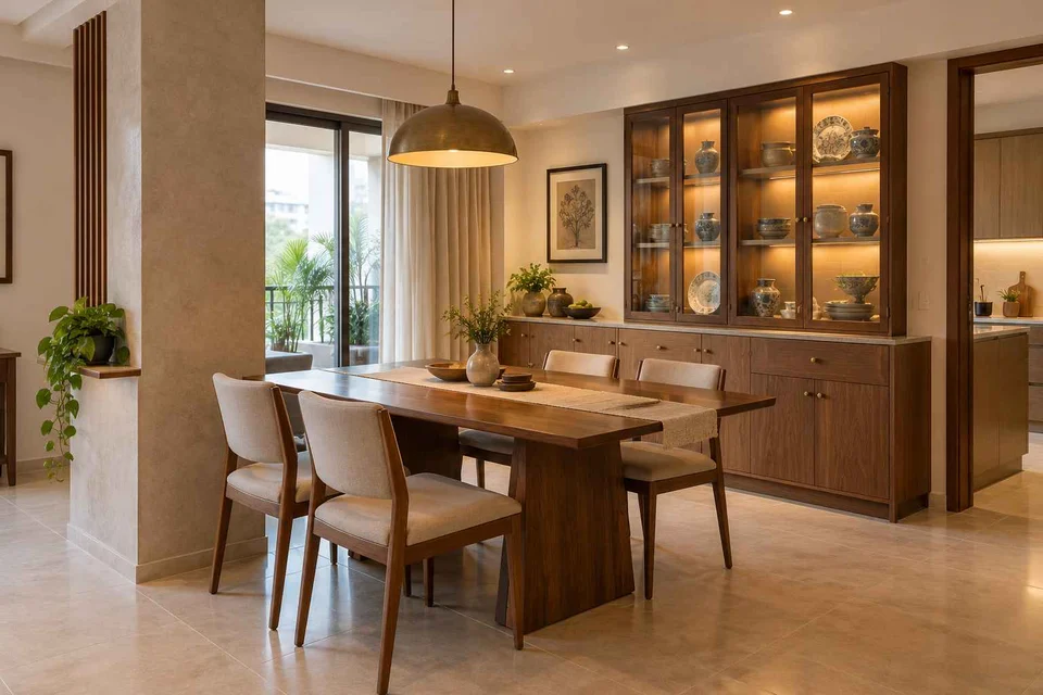 AI-generated dining-room concept: column-defined dining, crockery collection display direction