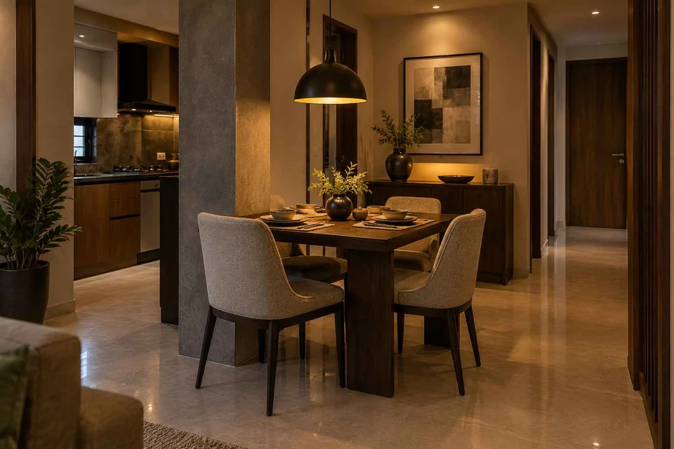 AI-generated dining-room concept: column-defined dining, evening candleless dinner direction