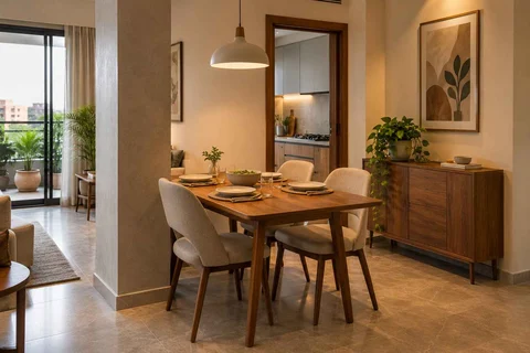 AI-generated dining-room concept: column-defined dining, everyday family supper direction