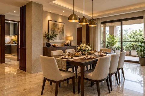 AI-generated dining-room concept: column-defined dining, festival meal preparation direction