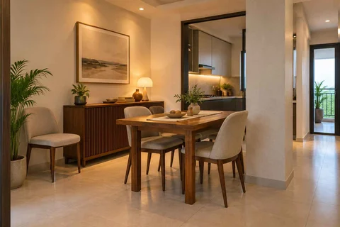 AI-generated dining-room concept: column-defined dining, flexible extra seats direction