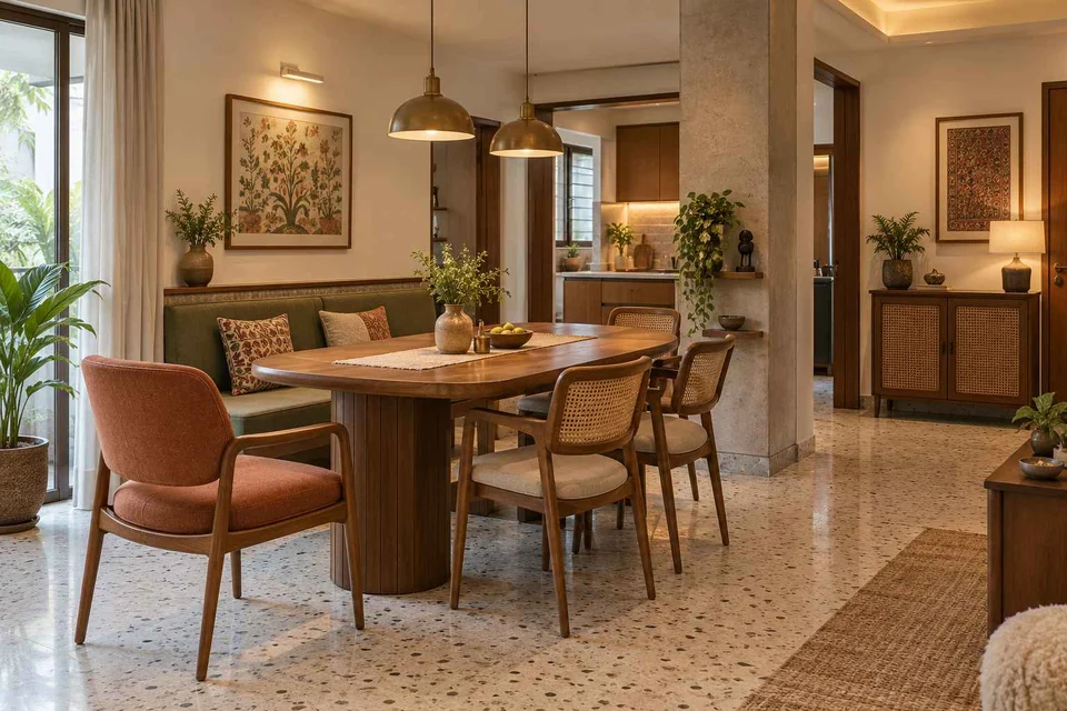 AI-generated dining-room concept: column-defined dining, grandparents and grandchildren direction