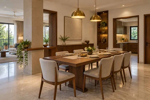 AI-generated dining-room concept: column-defined dining, guest welcome meal direction