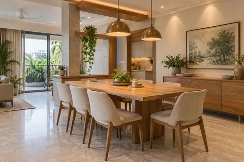 AI-generated dining-room concept: column-defined dining, homegrown herb table direction