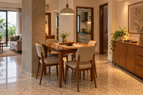 AI-generated dining-room concept: column-defined dining, homework-to-dinner transition direction