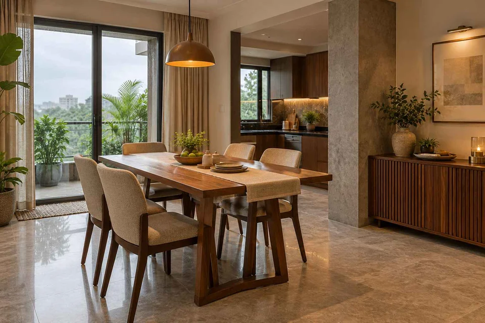 AI-generated dining-room concept: column-defined dining, monsoon lunch light direction