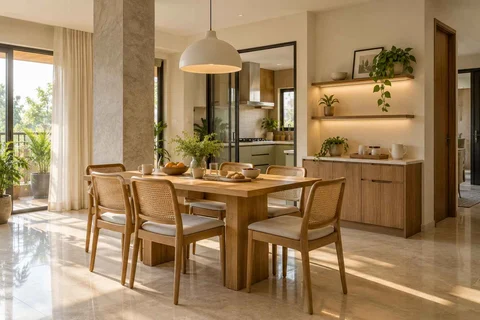 AI-generated dining-room concept: column-defined dining, morning breakfast rhythm direction