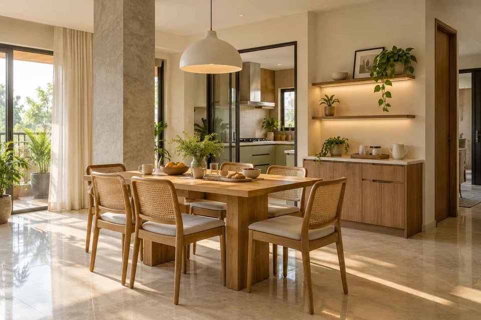 AI-generated dining-room concept: column-defined dining, morning breakfast rhythm direction