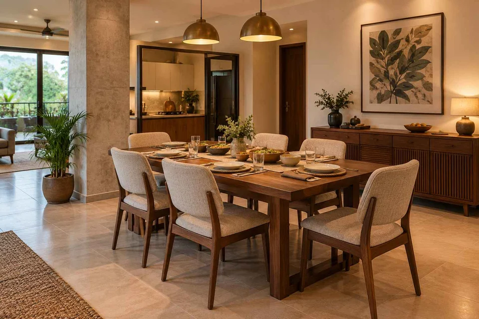 AI-generated dining-room concept: column-defined dining, serving bowl sharing direction