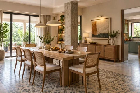 AI-generated dining-room concept: column-defined dining, slow weekend brunch direction