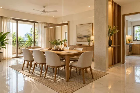 AI-generated dining-room concept: column-defined dining, summer-airiness dining direction