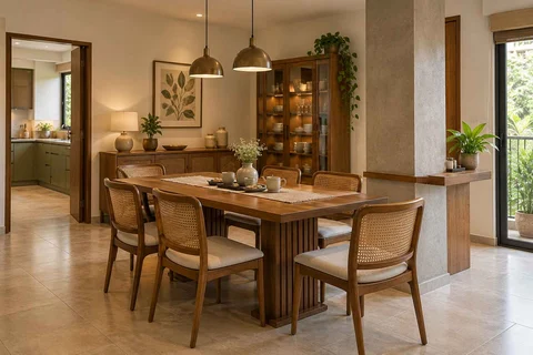 AI-generated dining-room concept: column-defined dining, tea with friends direction