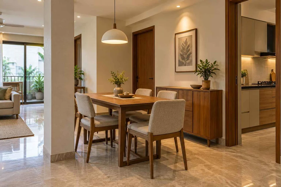 AI-generated dining-room concept: column-defined dining, visiting-parents meal direction
