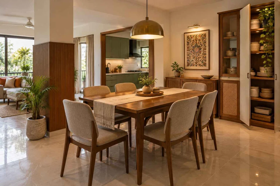 AI-generated dining-room concept: column-defined dining, weekend craft-to-meal reset direction