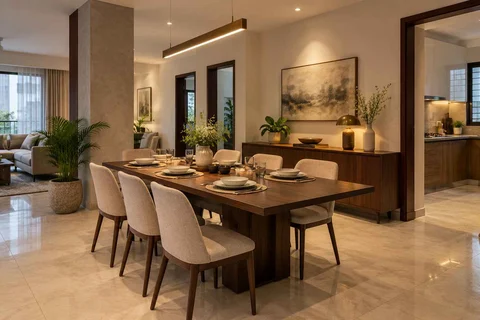 AI-generated dining-room concept: column-defined dining, weeknight compact hosting direction