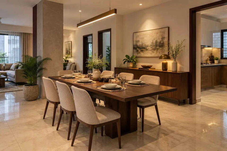 AI-generated dining-room concept: column-defined dining, weeknight compact hosting direction