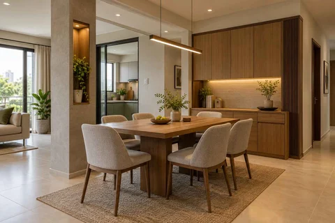 AI-generated dining-room concept: column-defined dining, work-from-home reset direction
